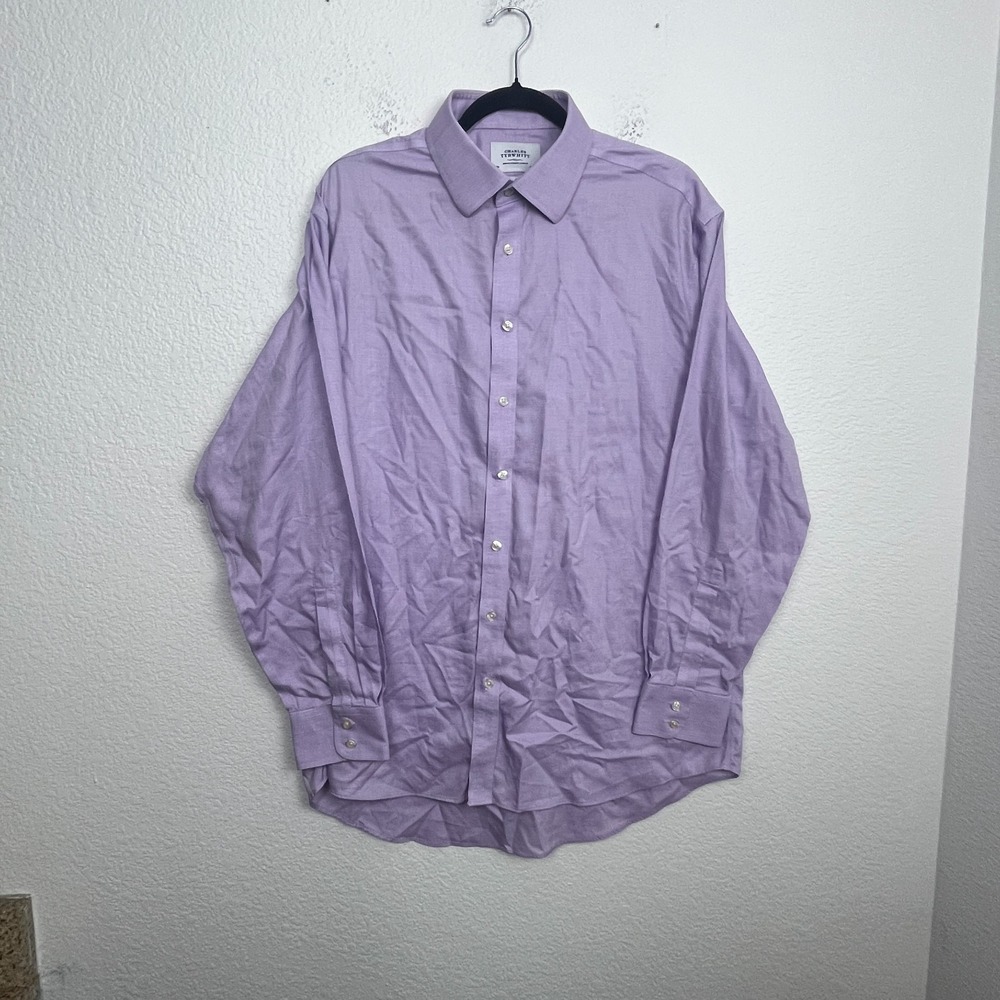 Charles Tyrwhitt Non Iron Dress‎ Shirt Mens 17 Purple White Printed Classic Fit